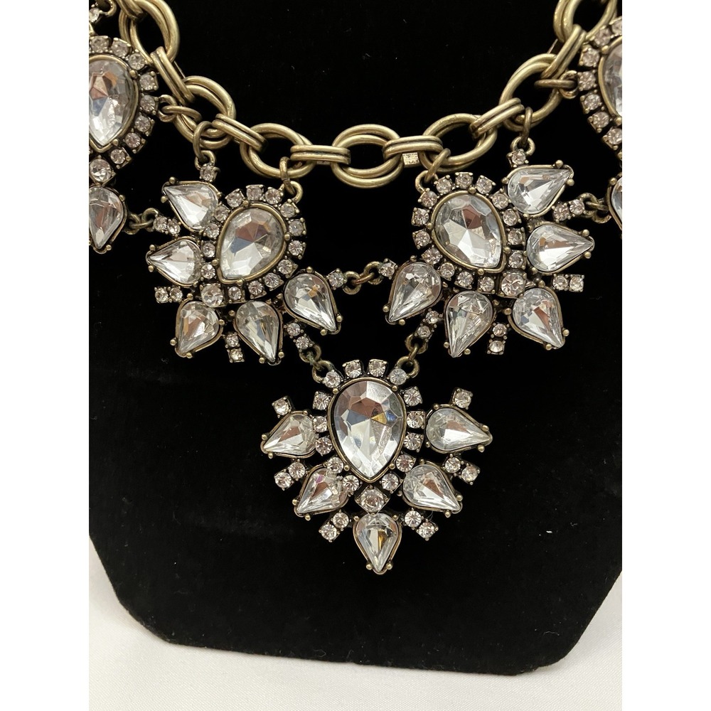 Teardrop Rhinestone Crystal Statement Necklace Antiqued Gold Tone Hollywood Glam - Picture 2 of 9
